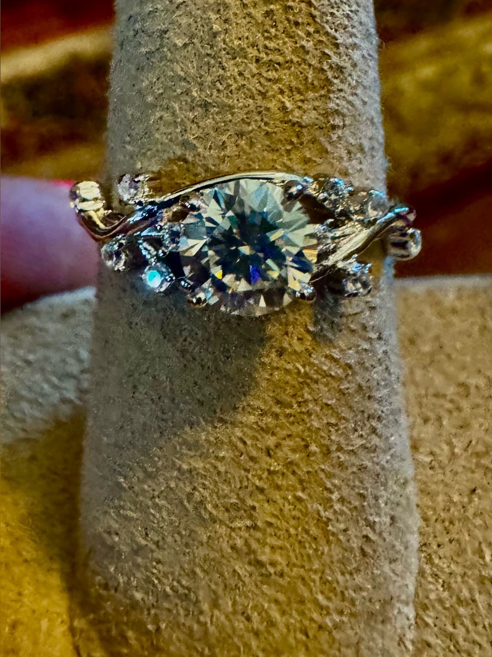 Silver Floral Vine Ring with 1.0 ct Moissanite center stone.